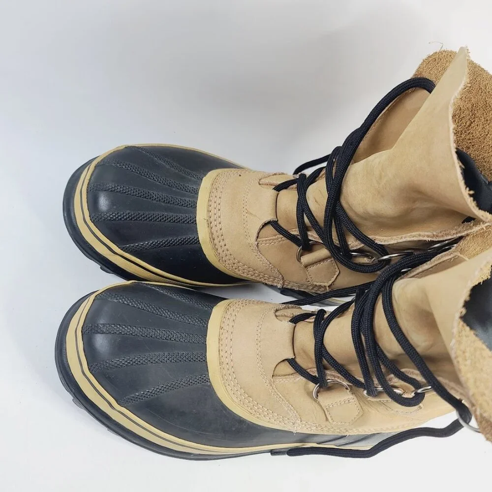 Sorel Men's Tan Black Caribou Nubuck Leather Mid-Calf Winter Snow Boots Size 8